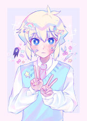 Rule 34 | 1boy, alternate costume, antenna hair, aqua necktie, aqua sweater vest, bandaid, bandaid on hand, basil (faraway) (omori), basil (omori), blonde hair, blood, blood on face, blue eyes, bow, bright pupils, closed mouth, collared shirt, crescent, crescent hair ornament, diagonal-striped clothes, diagonal-striped necktie, double v, flower sticker, hair between eyes, hair ornament, heart, heart hair ornament, heart stickers, highres, iro (mywife sunny), knife, light bulb sticker, long sleeves, looking at viewer, necktie, omori, pink bow, pink necktie, rainbow sticker, shears, shirt, short hair, simple background, solo, something (omori), star (symbol), star pin, sticker, sticker on face, sticker on hair, striped clothes, striped necktie, sweater vest, v, white pupils, white shirt, x hair ornament