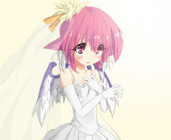 Rule 34 | 1girl, animal ears, bad id, bad pixiv id, blush, bridal veil, bride, dress, elbow gloves, female focus, gloves, hand on own chest, jewelry, looking up, mystia lorelei, pink hair, ring, short hair, solo, touhou, urimono, veil, wedding, wedding dress, white gloves, wings