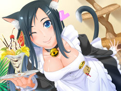 Rule 34 | 1girl, ;), animal ears, bell, neck bell, black hair, blue eyes, blush, breasts, cat ears, cat tail, cherry, choker, cleavage, food, fruit, glass, hair ornament, hairclip, heart, highres, ice cream, large breasts, long hair, looking at viewer, nekomata yotsuba, notepad, one eye closed, original, pen, pocky, smile, solo, sprinkles, sundae, tail, tray, waitress, wink