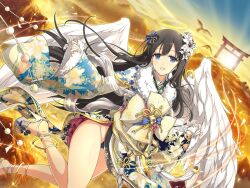 Rule 34 | 1girl, angel, angel wings, animal, anklet, bird, black hair, blue eyes, blue panties, blue sky, blunt bangs, blush, bow, chest bow, chinese knot, feathered wings, feathers, floating, floating object, floral print, floral print kimono, flower, flying, fur-trimmed kimono, fur collar, fur trim, gradient sky, groin, hair flower, hair ornament, halo, hawk, heaven, high heels, japanese clothes, jewelry, kimono, light particles, light rays, lily (flower), long hair, looking at viewer, mountain, mountainous horizon, obi, official alternate costume, official art, open mouth, panties, plaid, plaid panties, ribbon, ryouki (senran kagura), sash, senran kagura, senran kagura estival versus, senran kagura new link, shiny skin, sky, smile, solo, sparkle, torii, underwear, white footwear, white lily, wide sleeves, wing piercing, wings, yaegashi nan, yellow halo, yellow sky