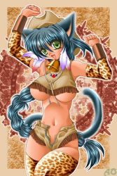 Rule 34 | animal ears, bell, blue hair, braid, breasts, cat ears, cuffs, feathers, gloves, green eyes, hat, jewelry, long hair, midriff, necklace, plait, shorts, thighhighs, underboob, zipper