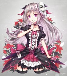 Rule 34 | 1girl, bad id, bad pixiv id, black dress, black thighhighs, card, choker, collarbone, cowboy shot, dress, finger to mouth, flower, frilled dress, frills, garter straps, gothic lolita, guy fawkes mask, holding, holding card, layered dress, lolita fashion, long hair, looking at viewer, mask, unworn mask, mouth mask, nail polish, original, pink dress, pink eyes, pink nails, playing card, puffy short sleeves, puffy sleeves, red flower, rin yuu, short sleeves, signature, silver hair, solo, thighhighs, very long hair, white dress, zettai ryouiki