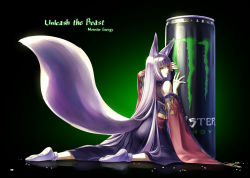 Rule 34 | 1girl, animal ears, closed mouth, detached sleeves, energy drink, fox ears, fox tail, highres, japanese clothes, kazuki seihou, kimono, kneeling, long hair, looking at viewer, looking back, monster energy, original, silver hair, solo, tabi, tail, yellow eyes