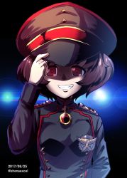 Rule 34 | 10s, 1girl, adjusting clothes, adjusting headwear, akiyama yukari, arm behind back, backlighting, black hat, black jacket, brooch, brown eyes, brown hair, buttons, commentary, cosplay, dated, double-breasted, epaulettes, evil grin, evil smile, girls und panzer, grin, hat, highres, jacket, jewelry, lens flare, long sleeves, looking at viewer, medallion, messy hair, military, military hat, military uniform, one-hour drawing challenge, peaked cap, shaded face, shiina excel, short hair, smile, solo, standing, tanya degurechaff, tanya degurechaff (cosplay), twitter username, uniform, upper body, youjo senki