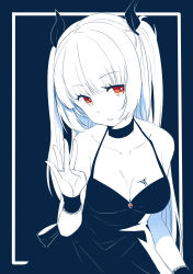 Rule 34 | 1girl, absurdres, aer (tengqiu), bare shoulders, breasts, choker, cleavage, dress, essex (warship girls r), female focus, hair ribbon, halterneck, highres, jewelry, long hair, looking at viewer, monochrome, parted lips, red eyes, ribbon, ring, sidelocks, solo, spot color, tattoo, two side up, warship girls r, wedding band