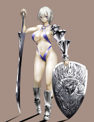 Rule 34 | 1girl, armor, armored boots, asymmetrical clothes, bikini armor, boots, breasts, cleavage, contrapposto, female focus, gauntlets, grey eyes, grey hair, groin, high heel boots, high heels, knight, large breasts, metal akira, navel, pale skin, shield, short hair, simple background, slingshot swimsuit, solo, standing, swimsuit, sword, warrior, weapon