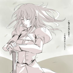 Rule 34 | 00s, alternate hairstyle, artoria pendragon (all), artoria pendragon (fate), dress, closed eyes, fate/stay night, fate (series), hair down, hands on hilt, long hair, monochrome, nana g, saber (fate), solo, translation request