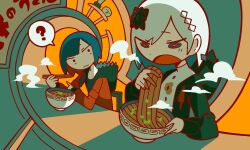 Rule 34 | 2girls, ?, ai drawing anime characters eating ramen (meme), black jacket, black shirt, blue eyes, blue hair, bowl, braid, buttons, cevio, chopsticks, closed mouth, colored inner hair, commentary, confused, counter, diamond earrings, dual persona, earrings, eating, elbows on table, food, high collar, holding, holding bowl, holding chopsticks, holding food, hood, hood down, hooded jacket, imminent bite, jacket, jewelry, kamitsubaki studio, long hair, long sleeves, looking at another, looking at food, looking to the side, low ponytail, meandros, meme, multicolored clothes, multicolored eyes, multicolored hair, multicolored jacket, multiple girls, no sclera, noodles, raised eyebrows, ramen, red eyes, red hair, red jacket, rim (kamitsubaki studio), rime (cevio), shirt, side braid, sitting, spoken question mark, stained clothes, steam, upper body, virtual youtuber, wan 2220, white shirt, wide-eyed, yellow pupils, you&#039;re doing it wrong