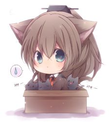 Rule 34 | 10s, 1girl, :3, animal ears, blue eyes, box, brown hair, cardboard box, cat, cat ears, cat tail, chibi, highres, in box, in container, kantai collection, kemonomimi mode, kumano (kancolle), long hair, looking at viewer, natubudou, school uniform, spoken sweatdrop, sweat, sweatdrop, tail, translation request