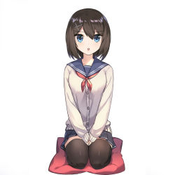 Rule 34 | 1girl, alternate costume, black skirt, black thighhighs, blue eyes, brown hair, collarbone, ginon (sjyh3466), grey sweater, hair between eyes, hair ornament, highres, kantai collection, looking at viewer, maya (kancolle), miniskirt, neckerchief, open mouth, pleated skirt, red neckerchief, school uniform, seiza, serafuku, shiny clothes, short hair, simple background, sitting, skirt, solo, sweater, thighhighs, white background, zettai ryouiki