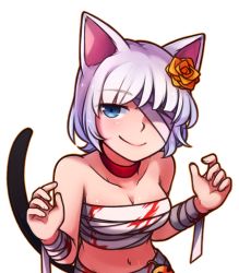 Rule 34 | 1girl, animal ears, bandaged arm, bandaged head, bandages, bare shoulders, blood, blood stain, blue eyes, breasts, cat ears, cat tail, choker, cleavage, collarbone, eyes visible through hair, flower, hair flower, hair ornament, halloween, halloween costume, hands up, looking at viewer, medium breasts, midriff, mummy costume, navel, one eye covered, rabi-ribi, red choker, short hair, smile, solo, speckticuls, tail, transparent background, vanilla (rabi ribi), white hair