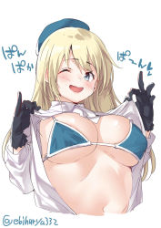 Rule 34 | 1girl, atago (kancolle), beret, bikini, bikini under clothes, black gloves, blonde hair, blouse, blue bikini, blue hat, blush, breasts, cropped torso, ebifurya, gloves, green eyes, hat, highres, kantai collection, large breasts, long hair, looking at viewer, micro bikini, military, military uniform, one eye closed, open clothes, open mouth, open shirt, shirt, sideboob, solo, stomach, swimsuit, twitter username, underboob, uniform, upper body, white background