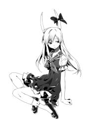 Rule 34 | 1girl, arms at sides, asymmetrical bangs, bobby socks, closed mouth, commentary, dress, ex-keine, eyebrows hidden by hair, frilled dress, frills, full body, greyscale, highres, horn ornament, horns, kamishirasawa keine, light frown, long hair, looking to the side, monochrome, neckerchief, puffy short sleeves, puffy sleeves, renzaoshen, shoes, short sleeves, socks, solo, touhou