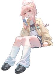 Rule 34 | 1girl, :o, ahoge, black footwear, black skirt, blue archive, halo, highres, holding carton, invisible chair, jacket, loafers, logo, looking at viewer, loose socks, marulire, natsu (band) (blue archive), natsu (blue archive), pink hair, print shirt, shirt, shoes, sidelocks, simple background, sitting, skirt, socks, solo, white background, white shirt, white socks, yellow jacket