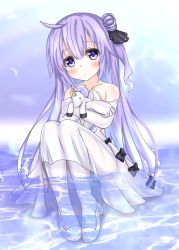 Rule 34 | 1girl, azur lane, bare shoulders, blush, collarbone, commentary request, dress, elbow gloves, gloves, hair between eyes, hair bun, head tilt, high heels, highres, langley1000, long hair, looking at viewer, hugging object, pantyhose, parted lips, purple eyes, purple hair, revision, shallow water, single hair bun, sitting, solo, strapless, strapless dress, stuffed animal, stuffed pegasus, stuffed toy, stuffed winged unicorn, unicorn (azur lane), very long hair, water, white dress, white footwear, white gloves, white pantyhose