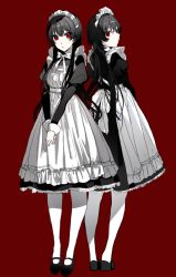 Rule 34 | 1girl, apron, back bow, black dress, black footwear, black hair, bow, bowtie, closed mouth, commentary, dress, expressionless, framed, frilled dress, frills, from side, full body, juliet sleeves, long hair, long sleeves, looking at viewer, maid, maid apron, maid headdress, mary janes, multiple views, naru (ul), open mouth, original, own hands together, pale skin, pantyhose, parted lips, puffy sleeves, red background, red eyes, shoes, simple background, standing, v arms, very long hair, white neckwear, white pantyhose, wing collar