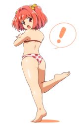 Rule 34 | !, 1girl, ass, back, bare shoulders, barefoot, bell, blush, checkered clothes, checkered panties, unworn clothes, collarbone, covering privates, covering breasts, jingle bell, looking back, motoori kosuzu, open mouth, orange eyes, orange hair, panties, shiny skin, shirosato, short hair, sidelocks, simple background, solo, standing, standing on one leg, sweatdrop, swept bangs, thighs, touhou, two side up, underwear, white background