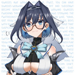 Rule 34 | 1girl, puff of air, blue hair, bow, bow earrings, breasts, cleavage cutout, clothing cutout, crossed arms, detached sleeves, earrings, english text, glasses, hair intakes, hair ribbon, heart-shaped gem, highres, hololive, hololive english, jewelry, multicolored eyes, ouro kronii, ouro kronii (1st costume), persocon93, ribbon, ribbon earrings, simple background, solo, text background, underboob, underboob cutout, virtual youtuber, zipper, zipper pull tab
