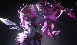Rule 34 | 1girl, artist name, blue eyes, crystal wings, demon horns, detached sleeves, detached wings, dress, flower, frilled dress, frills, heterochromia, highres, hololive, hololive english, horns, irys (hololive), long hair, multicolored hair, pink eyes, pointy ears, purple hair, quasarcake, red flower, red hair, two-tone hair, virtual youtuber, white dress, white sleeves, wings