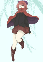 Rule 34 | 1girl, arms behind back, bare legs, black shirt, boots, bow, breasts, cape, full body, hair bow, legs, long sleeves, looking at viewer, purple bow, red cape, red eyes, red hair, red skirt, sekibanki, shirt, short hair, simple background, skirt, small breasts, solo, touhou, tyouseki