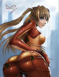 Rule 34 | 1girl, artist request, ass, ass focus, bodysuit, breasts, brown hair, butt crack, evangelion: 2.0 you can (not) advance, huge ass, long hair, looking back, medium breasts, neon genesis evangelion, nipples, plugsuit, rebuild of evangelion, red bodysuit, see-through, see-through bodysuit, shiny clothes, skin tight, souryuu asuka langley, test plugsuit, very long hair, wide hips