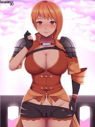 Rule 34 | 1girl, artist name, black gloves, black shorts, blush, breasts, cleavage, cleft of venus, closed mouth, covered erect nipples, fire emblem, fire emblem: three houses, gloves, highres, large breasts, leonie pinelli, lumarianne20, nintendo, orange eyes, orange hair, short shorts, shorts, smile, solo, torn clothes, torn shorts