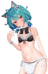 Rule 34 | 1girl, ahoge, animal ears, apron, aqua hair, bare shoulders, bikini, black bikini, bow, bowtie, breasts, cat ears, choker, colored tips, cowboy shot, frilled bikini, frilled choker, frills, front-tie bikini top, front-tie top, hair ornament, halterneck, highres, hololive, k mugura, kemonomimi mode, looking at viewer, maid, maid apron, maid bikini, multicolored hair, navel, red eyes, short hair, short twintails, simple background, small breasts, smile, solo, stomach, string bikini, swimsuit, twintails, unconventional maid, uruha rushia, virtual youtuber, waist apron, wet, white background, wrist cuffs
