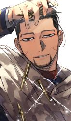Rule 34 | 1boy, ammunition, arm up, black eyes, black hair, blue jacket, cape, collared jacket, commentary request, facial hair, facial scar, golden kamuy, hair slicked back, hair strand, highres, holding, imperial japanese army, jacket, long sleeves, looking at viewer, male focus, military, military uniform, ogata hyakunosuke, oziozi kamuy, parted lips, scar, scar on cheek, scar on face, short hair, simple background, smile, solo, stubble, undercut, uniform, upper body, white background, white cape