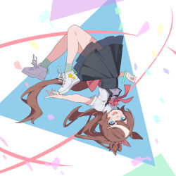 Rule 34 | 1girl, alternate costume, animal ears, black skirt, blue eyes, blush, bow, bowtie, brown hair, full body, green socks, horse ears, horse girl, horse tail, long hair, looking at viewer, multicolored hair, open mouth, outstretched arm, ponytail, red bow, red bowtie, shirt, shoes, short sleeves, skirt, smile, sneakers, socks, solo, streaked hair, suimz, suspender skirt, suspenders, tail, tokai teio (umamusume), umamusume, upside-down, white footwear, white shirt, wristband