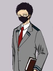 Rule 34 | 1boy, alternate costume, anz (anzzz624), bad id, bad pixiv id, black hair, boku no hero academia, book, brown eyes, collared shirt, commentary request, earrings, grey background, grey jacket, highres, holding, jacket, jewelry, male focus, mask, mouth mask, necktie, overhaul (boku no hero academia), red necktie, school uniform, shirt, short hair, simple background, solo, u.a. school uniform, upper body, white shirt