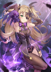 Rule 34 | 1girl, bare shoulders, black feathers, blush, bodystocking, bow, breasts, brown sleeves, eyepatch, feathers, fischl (genshin impact), garter straps, genshin impact, green eyes, hair over one eye, lightning, long hair, looking at viewer, medium breasts, purple bow, purple neckwear, single leg pantyhose, single thighhigh, smile, solo, thighhighs, thighs, two side up, yoshimoto (dear life)