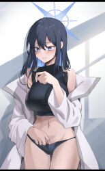 Rule 34 | 1girl, absurdres, bare shoulders, black panties, black shirt, blue archive, blue eyes, blue hair, coat, commentary request, cowboy shot, crop top, highres, long hair, luya (luyachan), midriff, navel, no headwear, off shoulder, open clothes, open coat, panties, saori (blue archive), shirt, sleeveless, sleeveless shirt, solo, standing, stomach, thighs, underwear, white coat