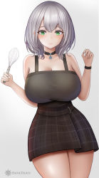 Rule 34 | 1girl, absurdres, arms up, breasts, choker, collar, green eyes, highres, hololive, large breasts, legs together, lips, looking at viewer, plaid, plaid skirt, shirogane noel, shirogane noel (casual), simple background, skirt, smile, snow dusk, tank top, thighs, virtual youtuber, whisk, white hair, wristband