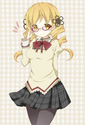 Rule 34 | &gt;:), 10s, 1girl, adjusting eyewear, bad id, bad pixiv id, bespectacled, blonde hair, bow, checkered background, drill hair, glasses, hair ornament, mahou shoujo madoka magica, mahou shoujo madoka magica (anime), pantyhose, school uniform, skirt, smile, solo, toma tokage, tomoe mami, twin drills, twintails, v-shaped eyebrows, yellow eyes
