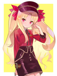 Rule 34 | 1girl, black hat, black skirt, blonde hair, border, bow, breasts, closed mouth, contemporary, ereshkigal (fate), ereshkigal (under the same sky) (fate), fate/grand order, fate (series), hair bow, hand in own hair, hat, highres, long hair, long sleeves, looking at viewer, parted bangs, peaked cap, red bow, red eyes, red shirt, revision, shirt, skirt, small breasts, smile, solo, two side up, white border, yellow background, zenshin