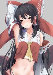 Rule 34 | 1girl, arm behind head, arm up, armpits, ascot, bare shoulders, black hair, blush, bow, breasts, brown eyes, closed mouth, collarbone, detached sleeves, frilled bow, frills, frown, glaring, grey background, hair bow, hair tubes, hakurei reimu, half-closed eyes, highres, long hair, midriff, navel, red skirt, sidelocks, skirt, skirt set, small breasts, solo, touhou, tsushi, upper body, very long hair, yellow ascot