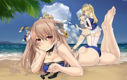 Rule 34 | 4girls, beach, bikini, blonde hair, blue bikini, blue eyes, blue hair, blue shirt, blue sky, breasts, brown eyes, cloud, commentary request, day, double bun, fletcher (kancolle), gambier bay (kancolle), hair bun, horizon, hug, hug from behind, johnston (kancolle), kantai collection, kuroinu9, light brown hair, long hair, looking at viewer, lying, medium breasts, mini person, minigirl, multiple girls, ocean, off shoulder, on head, on stomach, one eye closed, outdoors, person on head, pleated skirt, sailor collar, samuel b. roberts (kancolle), school uniform, serafuku, shirt, short hair, skirt, sky, striped bikini, striped clothes, swimsuit, the pose, thighhighs, two side up, white legwear, white sailor collar, white skirt, yellow eyes