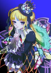 Rule 34 | 1girl, absurdres, blonde hair, blue eyes, blue hair, blunt bangs, braid, braided bun, colored inner hair, commentary request, cowboy shot, crown hat, dress, eyeshadow, finger to mouth, gothic lolita, hair bun, hand up, highres, idol clothes, kokoa remon, kokoa remon (primagista), lolita fashion, long hair, long sleeves, looking at viewer, makeup, multicolored clothes, multicolored dress, multicolored hair, pretty series, red eyeshadow, red lips, shushing, sidelocks, smile, solo, stained glass print, standing, streaked hair, unfinished, very long hair, waccha primagi!, yuiitsu