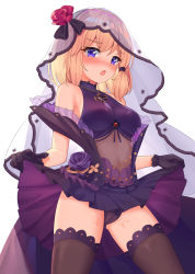 Rule 34 | 1girl, :o, azur lane, black gloves, black panties, black thighhighs, blonde hair, blush, breasts, cameltoe, clothes lift, commentary, covered navel, cross, dress, embarrassed, flower, gloves, highres, icwine, iron cross, looking at viewer, medium breasts, nose blush, open mouth, panties, purple dress, purple eyes, revision, rose, see-through, short hair, simple background, skirt, skirt lift, sleeveless, sleeveless dress, solo, sweat, thighhighs, thighs, underwear, veil, wedding dress, white background, z23 (azur lane), z23 (schwarze hochzeit) (azur lane), zettai ryouiki