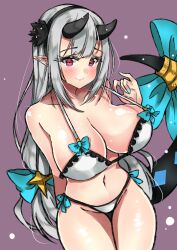 Rule 34 | 1girl, artist request, bare shoulders, bikini, black hairband, blue ribbon, blush, breasts, cleavage, collarbone, dragon girl, dragon horns, dragon tail, epic seven, female focus, grey hair, groin, hairband, headband, highres, horns, large breasts, long hair, midriff, navel, pink eyes, pointy ears, ribbon, simple background, sketch, smile, solo, solo focus, stomach, swimsuit, tagme, tail, tail ornament, tail ribbon, white bikini, yufine (epic seven)
