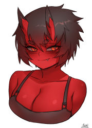 Rule 34 | 1girl, bare shoulders, black hair, blush, breasts, cleavage, closed mouth, colored skin, fang, fang out, hair between eyes, horns, kidouko (zakusi), large breasts, looking at viewer, oni, oni horns, orange eyes, original, overalls, red oni, red skin, short hair, signature, simple background, smile, solo, thick eyebrows, upper body, white background, zakusi