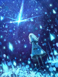 Rule 34 | 1girl, black eyes, blue theme, boots, capelet, dress, dutch angle, expressionless, flower, highres, looking back, night, night sky, original, sakimori (hououbds), scenery, sky, solo, star (sky), starry sky, white hair
