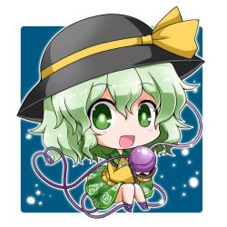 Rule 34 | 1girl, :d, bad id, bad pixiv id, black hat, blue background, blush, chibi, commentary request, eyeball, floral print, frilled shirt collar, frilled sleeves, frills, full body, green eyes, green hair, green skirt, hair between eyes, hat, hat ribbon, heart, heart of string, holding, komeiji koishi, lights, long sleeves, noai nioshi, open mouth, outline, print skirt, purple footwear, ribbon, rose print, shirt, shoes, short hair, skirt, smile, solo, string, third eye, touhou, white outline, wide sleeves, wing collar, yellow ribbon, yellow shirt