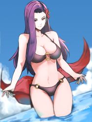 Rule 34 | 1girl, absurdres, bare shoulders, bikini, black bikini, blue sky, breasts, brown eyes, cleavage, closed mouth, cloud, day, fire emblem, fire emblem echoes: shadows of valentia, flower, hair flower, hair ornament, highres, large breasts, long hair, looking at viewer, nintendo, o-ring, o-ring bikini, outdoors, purple hair, sky, smile, solo, sonya (fire emblem gaiden), standing, swimsuit, thigh gap, tommy (kingdukeee), twitter username, wading, water