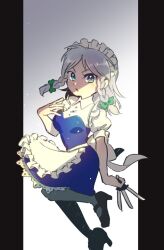 Rule 34 | 1girl, apron, between fingers, black footwear, blue dress, blue eyes, bow, braid, breasts, dress, frilled apron, frills, green bow, grey hair, grey pantyhose, hair bow, hand up, high heels, highres, holding, holding knife, izayoi sakuya, knife, long hair, looking at viewer, maid, maid apron, maid headdress, mary janes, medium breasts, multiple hair bows, pantyhose, petticoat, pillarboxed, puffy short sleeves, puffy sleeves, shoes, short sleeves, solo, touhou, twin braids, ukata, unconnected marketeers, waist apron, white apron