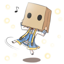 Rule 34 | 1boy, arch bishop (ragnarok online), bag on head, black footwear, blue coat, chibi, coat, commentary request, cropped jacket, cross, cross necklace, full body, jacket, jewelry, long sleeves, male focus, musical note, natsuya (kuttuki), necklace, pants, ragnarok online, shoes, simple background, solo, white background, white jacket, white pants