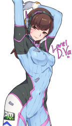 Rule 34 | 1girl, bodysuit, breasts, brown eyes, brown hair, cameltoe, covered erect nipples, cowboy shot, d.va (overwatch), english text, facial mark, gloves, headphones, heart, highres, long hair, looking at viewer, medium breasts, overwatch, overwatch 1, simple background, smile, solo, stretching, whisker markings, white background, yui.h