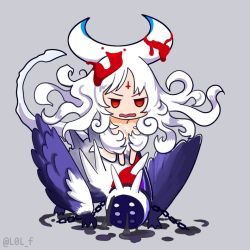 Rule 34 | artist request, chain, chibi, collar, destiny child, facial mark, feathers, forehead mark, horns, long hair, monster, procel (destiny child), red eyes, simple background, tail, white hair, wings
