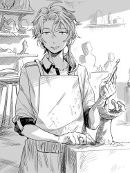 Rule 34 | 1boy, apron, asymmetrical hair, bungou to alchemist, canvas (object), chisel, collared shirt, curtained hair, dirty, dirty clothes, dirty hands, easel, greyscale, hair between eyes, holding, looking at viewer, low-tied sidelocks, male focus, monochrome, open collar, parted lips, sculpting, sculpture, shelf, shirt, short hair, single sidelock, sleeves rolled up, smile, solo, statue, takamura koutarou (bungou to alchemist), upper body, workshop, yueno
