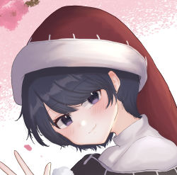 Rule 34 | 1girl, blue eyes, blue hair, blush, closed mouth, commentary request, doremy sweet, flower, hand up, hat, head tilt, highres, looking at viewer, nightcap, pink flower, pipita, portrait, red hat, simple background, smile, solo, swept bangs, touhou, waving